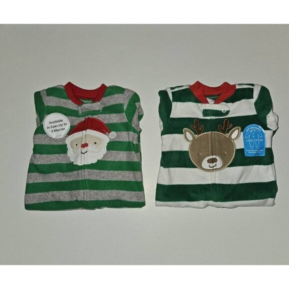 NWT 2 Pairs Christmas Footie Pajamas Lot 0-3 3 Months Reindeer Santa Carter's